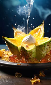 Bowl of ice cream with carambola, lemons garnish on top. For online cooking tutorials, food delivery apps, virtual cooking classes, digital restaurant menus, various contexts such as food blog, bunner