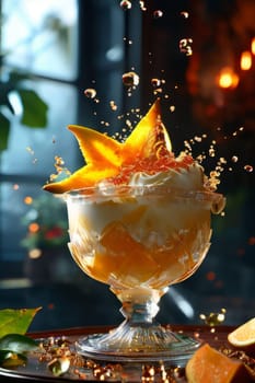 Delicious bowl of ice cream resting on wooden table. For various contexts such as food blogs, restaurant menus, social media posts promoting desserts, food delivery apps, bunner