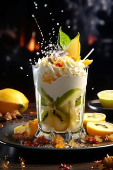 Dessert of ice cream with star shaped carambola garnish is made of crushed almonds, orange slices. For summer dessert, unique culinary presentation, digital restaurant menus, food delivery apps