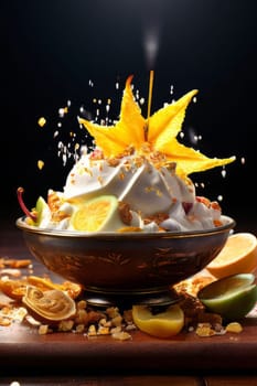 Dessert with star of carambola on top, bunch of fruit on side. For online cooking tutorials, food delivery apps, virtual cooking classes, digital restaurant menus, various contexts such as food blogs