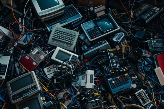 A stack of outdated electronic devices forms a unique urban design amidst the city landscape, showcasing a blend of circuit components and engineering innovation in an electric blue font