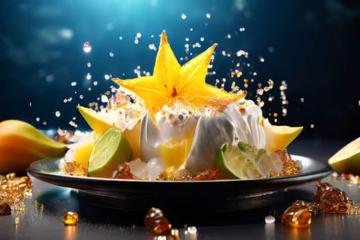 Bowl of ice cream with carambola, lemons garnish on top. For online cooking tutorials, food delivery apps, virtual cooking classes, digital restaurant menus, various contexts such as food blog, bunner