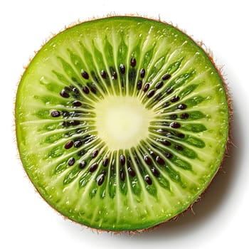 An artistic closeup of a slice of kiwi, a seedless fruit from the hardy kiwi plant. This natural food ingredient is visually appealing on a white background
