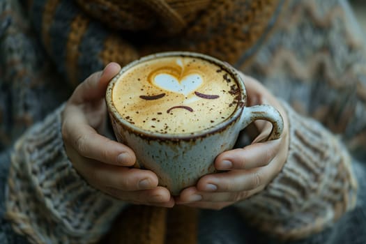 A person is holding a coffee cup filled with cappuccino, featuring a sad face drawn on it. The drinkware on the table shows a touch of creativity and emotion