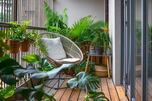 A balcony adorned with numerous houseplants in flowerpots and a wooden chair, overlooking a building with windows and lush green grass flooring