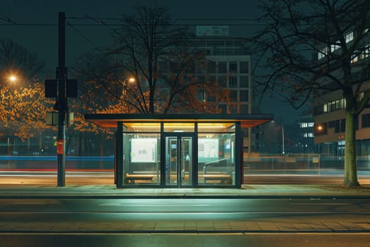 At night, the bus stop in the city is illuminated by street lights, highlighting the surrounding buildings, trees, and asphalt with electricitypowered lights