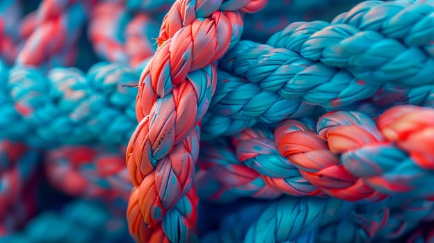 A closeup of a variety of colorful ropes in shades of blue, aqua, magenta, and electric blue. The intricate patterns and textures showcase the art of textile and woolen craftsmanship