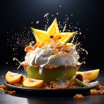 Delectable dessert with star-shaped of carambola design in center. For various contexts such as food blogs, restaurant menus, social media posts promoting desserts, food delivery apps, bunner