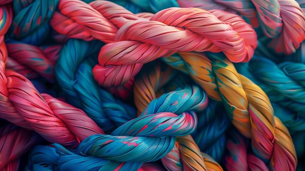 A close up of a pile of colorful ropes made of azure, pink, aqua, magenta, and electric blue fibers. The pattern is a trendy fashion accessory, possibly woolen