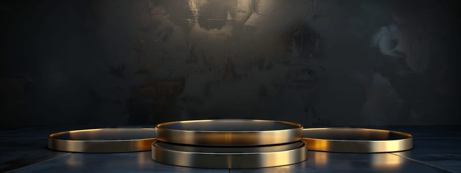 A 3D rendering of a gold podium in a dimly lit room, surrounded by a cloud of darkness. The podiums sleek metal surfaces reflect the soft automotive lighting, creating a mesmerizing effect