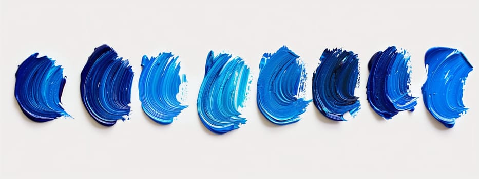 A series of electric blue, magenta, and violet brush strokes form a rectangular shape on a white canvas, resembling a human body in abstract art