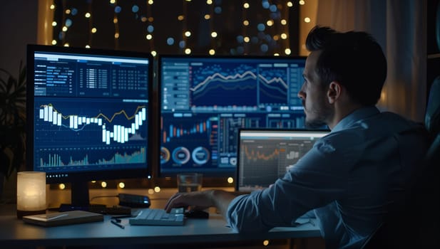 A man is seated at a desk in front of two electric blue computer monitors, immersed in darkness of the midnight city while watching a television program on the display devices