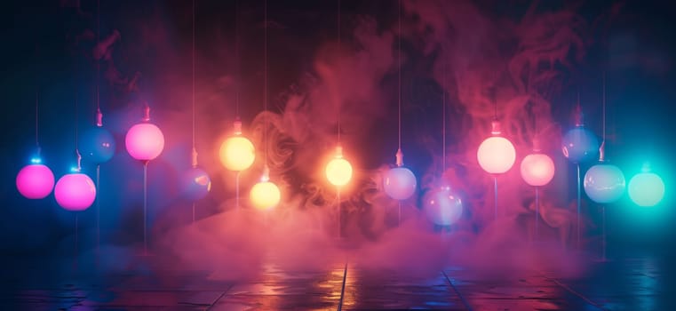 A mesmerizing array of colorful lights dangle from the ceiling in a dimly lit room, resembling a celestial display in the night sky