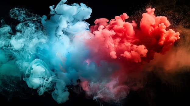A mesmerizing display of magenta and electric blue smoke intertwining on a dark background, resembling a beautiful watercolor painting in the sky