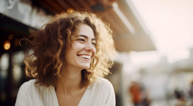 young woman with curly hair smiling brightly, exuding happiness and warmth on a busy city street.- Generative AI