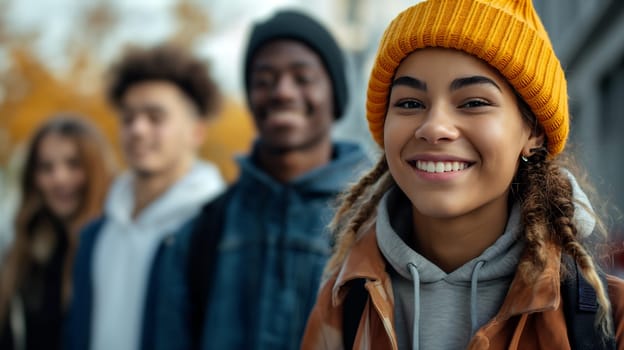 A cheerful young woman wearing a yellow knit hat shares a moment with her diverse group of friends on a crisp autumn day, showcasing the warmth of friendship in cool weather - Generative AI
