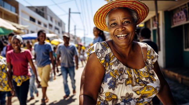 Vibrant portrait of a smiling African woman in a traditional hat, with a bustling street scene in the background - Generative AI