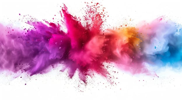 An explosion of colored powder resembling a rainbow is creating a vibrant pattern on a white background, showcasing shades of pink, violet, magenta, and more in an artistic display