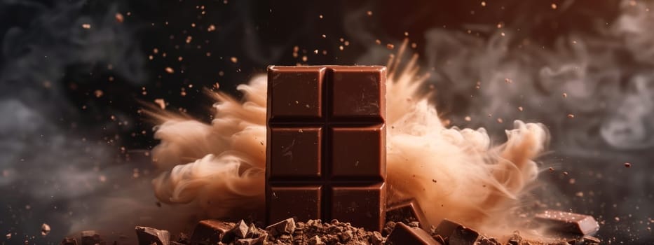 The chocolate bar exploded in a smoky room, filling the building with heat and darkness, creating an unexpected event in the city landscape