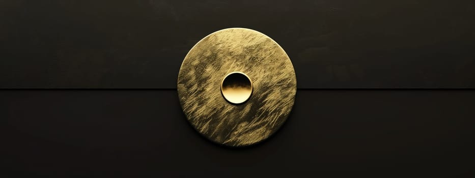 A bronze circle with a hole in the middle resembling a musical instrument on a black background. The metal and wood details in macro photography give it a fashionable art vibe in the darkness