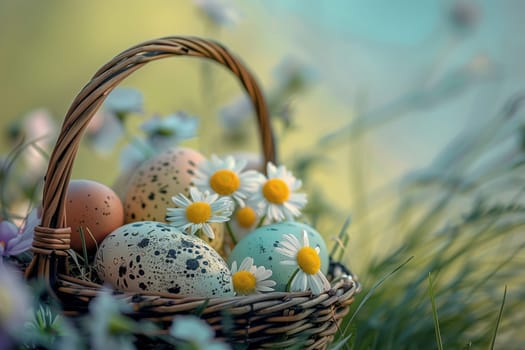A basket filled with colorful Easter eggs and daisies placed on the grass, surrounded by blooming flowers and twigs