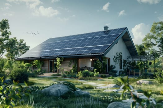 A cottage with solar panels on the roof is nestled among trees and grass in a natural landscape, under a cloudy sky