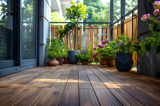 A charming wooden balcony adorned with potted plants and colorful flowers, adding life and beauty to the buildings facade