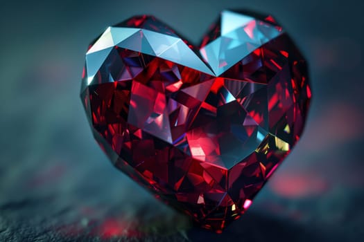 A close up image of a red heart shaped diamond on a glass table, sparkling with electric blue and magenta hues. This gemstone, Amber, is a stunning piece of body jewelry for any special event