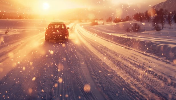 A vehicle is cruising on an asphalt road covered in snow during sunset, with automotive lighting illuminating the thoroughfare and creating tints and shades in the winter landscape