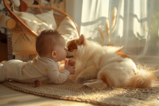 A baby and a companion dog are lying on the wood flooring together, surrounded by a cozy room with a curtain. The carnivore dog provides comfort to the toddler