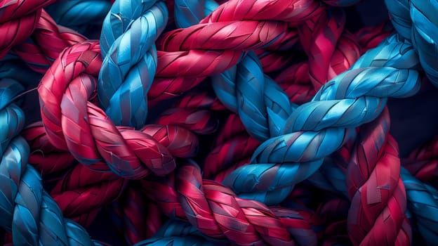 A detailed closeup shot of a colorful pile of purple, azure, magenta, and electric blue ropes, showcasing a beautiful textile art pattern