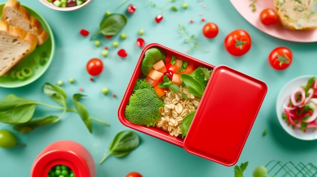 Blurred Background for Healthy Breakfast. Re Lunch box with Vegetables, Greens, Tomato, Broccoli, Spinach, Whole Wheat Bread on Blue Background, AI Generated. Flat Lay Horizontal. Organic Meal.