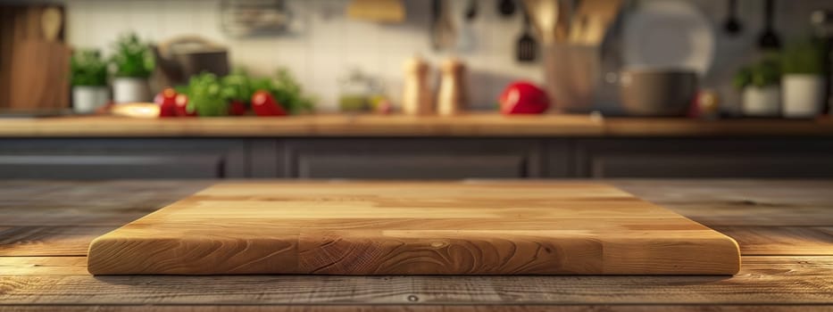 A rectangular wooden cutting board is placed on a hardwood table in front of a kitchen counter, creating a contrasting and rustic look with the wood stain