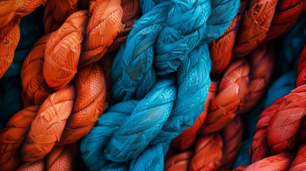 A close up of a woolen rope in electric blue and magenta colors, showcasing intricate patterns and fiber artistry