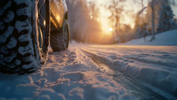 An automotive tire grips the icy road as the car travels through a snowy landscape at sunset, with frost covering plants and trees