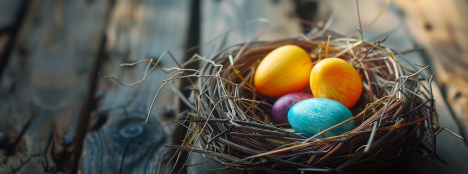 A nest made of natural materials and twigs, filled with vibrant Easter eggs in electric blue, sitting on a wooden table. The ovalshaped eggs symbolize the holiday event