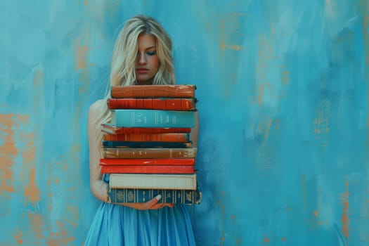 An artist in an azure blue dress is holding a stack of books, standing in front of a painting on wood. The electric blue color contrasts beautifully with the artwork