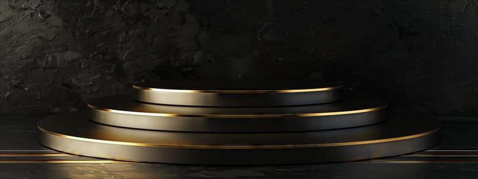 Three gold plates are arranged in a stack on a wooden table, creating a circle of shimmering metal objects. The shiny rims resemble automotive wheels at a luxurious event