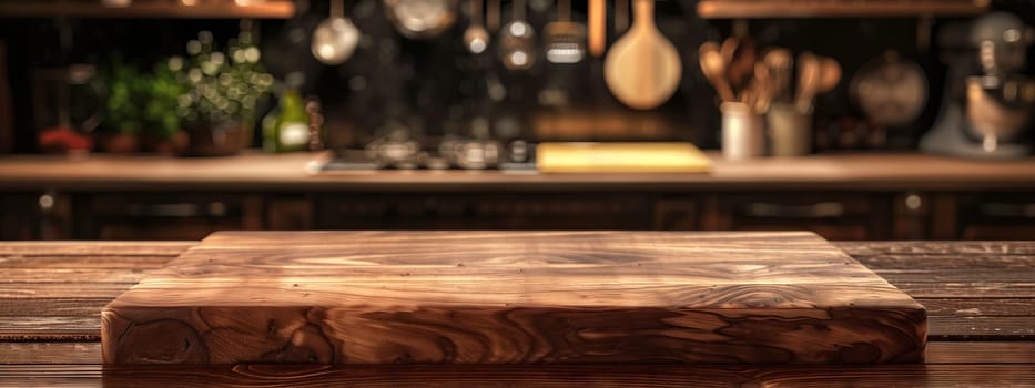 A hardwood table with a wood stain cutting board on top sits in front of a gas kitchen counter. Perfect for entertainment events, it adds a touch of warmth and elegance to the space
