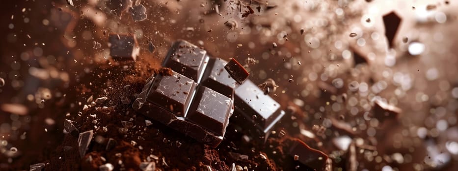 A bar of chocolate rests on a mound of melted chocolate in a surreal landscape with water, grass, and a house in the background. Macro photography captures the intricate details of this event