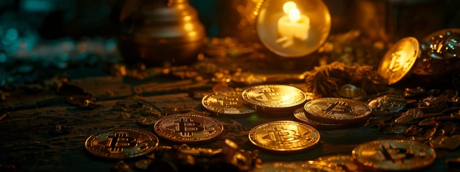 An arrangement of amberhued gold coins adorning a rustic wooden table. This tableware of metal circles adds a touch of elegance to any event or cuisine dish