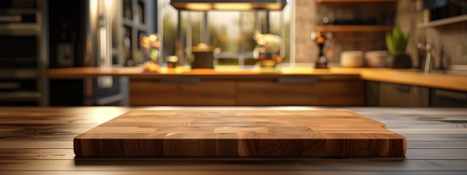 A wooden cutting board rests on a wooden kitchen table, adding a rustic touch to the rooms decor. The hardwood flooring complements the natural wood stain, creating a cozy atmosphere in the space