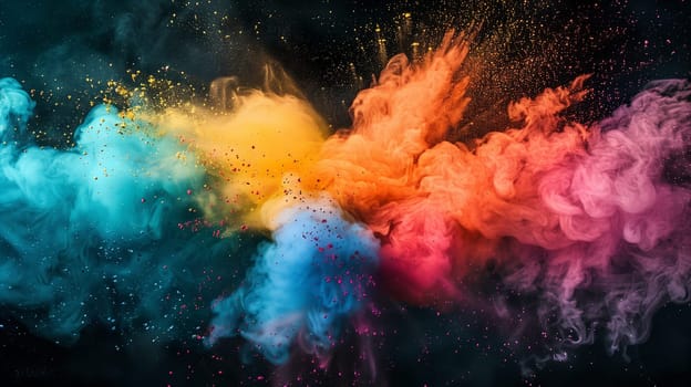 A closeup image capturing a vibrant rainbow of colorful smoke against a contrasting black background, resembling an atmospheric phenomenon