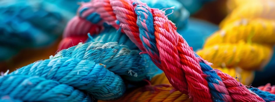 A close up of azure, aqua, magenta, and electric blue woolen ropes creating a vibrant and creative arts pattern. The fibers of wool form a beautiful and colorful art piece