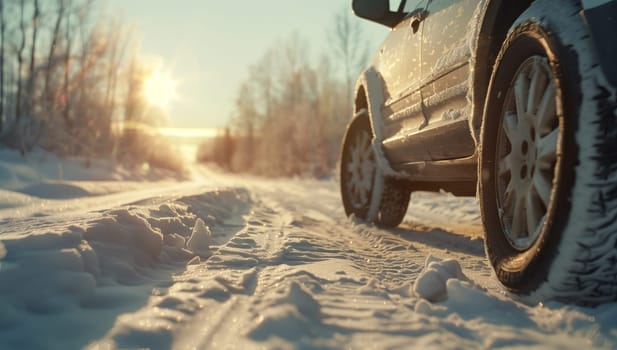 A motor vehicle equipped with automotive tires is maneuvering down a snowcovered road, surrounded by trees and a wintry landscape