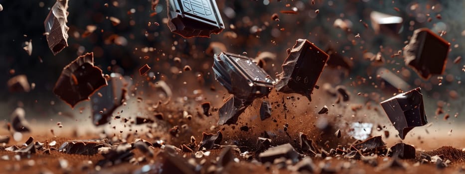A close up of a chocolate bar being broken into pieces, creating a mess on the soil in a city park