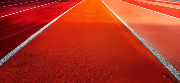 A closeup shot of an orange track with white lines, resembling a race track for track and field athletics. The asphalt road surface creates a symmetrical pattern of parallel lines and triangles