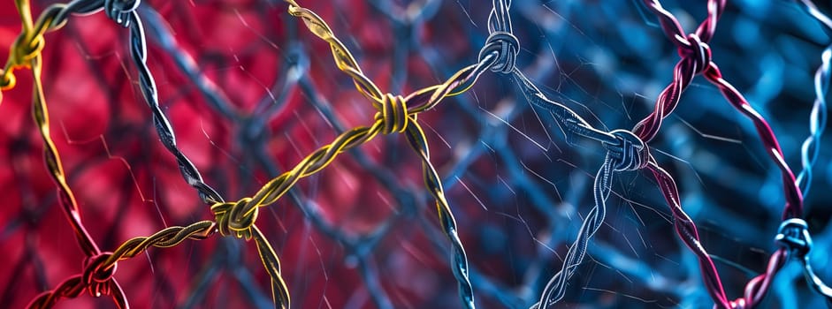 A close up of a fishing net against a vibrant red and electric blue background, resembling a terrestrial plant with meshlike design and wire fencing