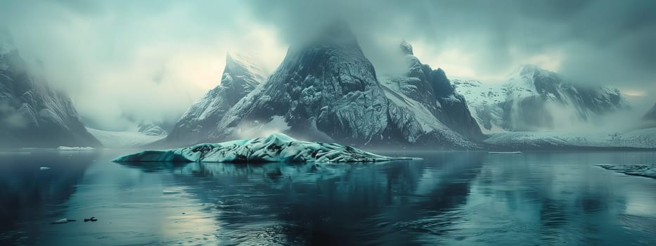 The snowy mountain is mirrored in the lakes water, creating a stunning natural landscape. The sky is filled with cumulus clouds, enhancing the geological phenomenon