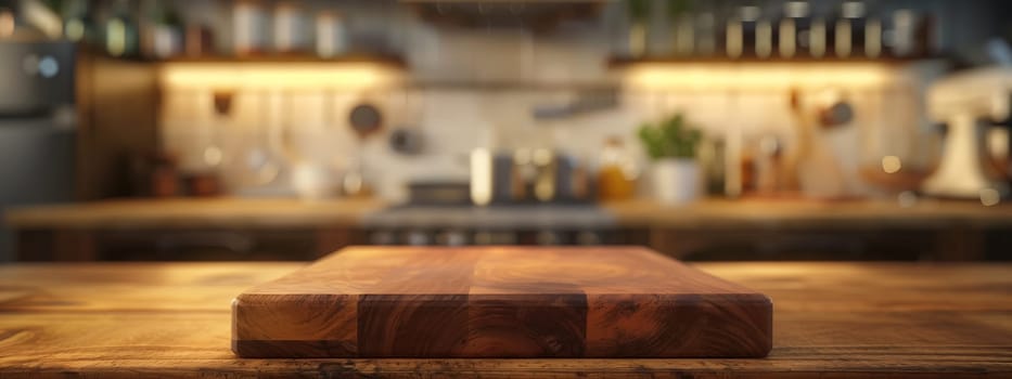 A hardwood table is featured in the foreground, with a kitchen in the background. The table is made of wood with a rich wood stain